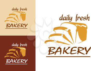 Slices of bread as bakery emblem or logo, three variants with beige, brown and white colored background