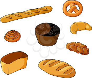 Set of cartoon bread bakeries with bread, pretzel, muffin, croissant and baguette