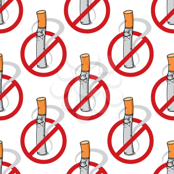 Seamless pattern of cartoon unhappy cigarette with No Smoking sign