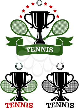 Big tennis sporting emblems with ball, rackets and trophy cup for heraldry
