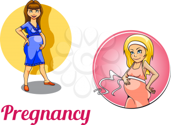 Two pregnancy woman characters depicting a pregnant woman cradling her belly in her hands and an expectant mother measuring the circumference of her swollen abdomen