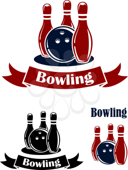 Bowling sporting emblems with ball, ribbons and ninepins. Suitable for logo, sports or leisure design 