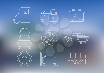 Outline car service icons set with car, taxi, security alarm, steering wheel, garage, oil, washing, battery and shopping cart