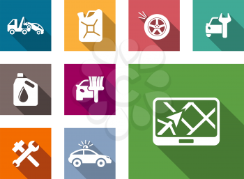 Car service flat icons set with car towing truck, gasoline, jerry can, oil, flat tire, spanner  or wrench, car painter and navigation