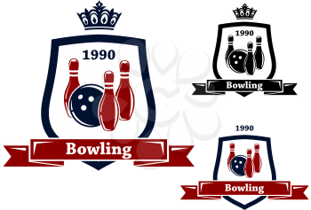 Three different bowling badges or emblems with pins and a bowling ball inside a shield with a ribbon banner containing the text - Bowling - two with crowns above, one with a date