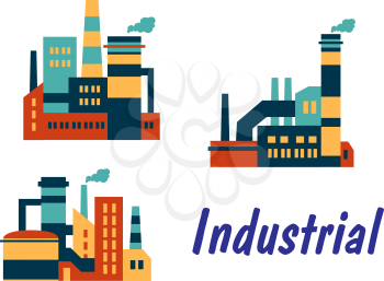 Three flat industrial icons showing factories, plants or refineries with smokestacks or chimneys with polluting smoke and the word - Industrial, isolated on white background