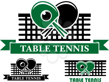 Three Table Tennis emblems and symbols with crossed bats over a net and text below, two in ribbon banners and one plain for sporting design
