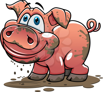 Cute little muddy pink cartoon piglet or pig with a happy grin and curly tail dripping mud for farm and agriculture industry design