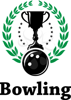 Green laurel wreath with black blowing ball and champion trophy of Sport bowling league label or emblem suitable for sporting heraldry design