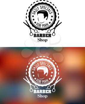 Barber shop emblem or sign in a round frame enclosing a mans head and the words - Daily specials - For man - with scissors below and -Barber Shop, on white and a blurred color variant
