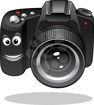 Cute cartoon DSLR or digital camera icon with a happy smiley face isolated on white background