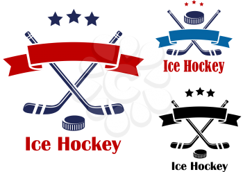 Red and blue colored ice hockey banners or emblems with  puck, sticks and ribbon for sport design