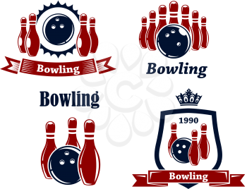 Sporting bowling heraldic emblems and symbols in retro style with ball, ninepins, banner and crown
