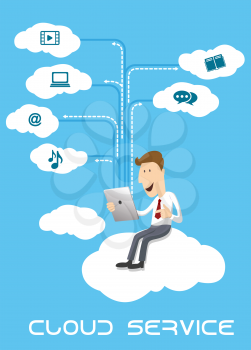 Happy businessman sitting on a cloud using a tablet pc, with multiple functions as video player, instant messaging, e-mail or entertainment, concept of cloud service