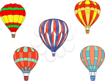 Colorful striped hot air balloons isolated on white background for travel and tourism design
