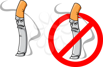 Cartoon unhappy cigarette  character with smoke and no smoking sign