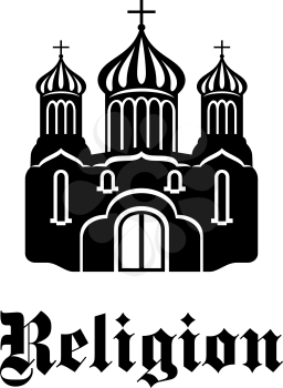 Black and white silhouette temple or church icon with three onion domes and the text Religion for religious and christianity design