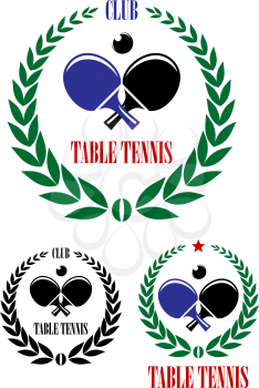 Table tennis emblems and symbols with ping pong ball, racket, laurel wreaths and text Table Tennis Club isolated on white background for sport, recreation or sporting logo design