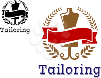 Fashion and tailoring emblem with mannequin or dummy, laurel wreath and banner. For fashion, tailoring or logo design