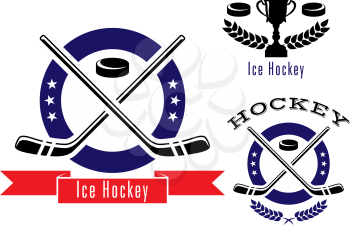 Ice hockey symbols or logos set with puck, banner, sticks, laurel wreath, trophy prize cup and text Ice Hockey. May use for sport and recreation or logo design     
