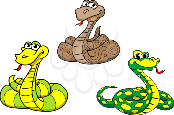 Cartoon cute funny snake characters set with python, boa, rattlesnake. Suitable for animal, kids illustration and wildlife