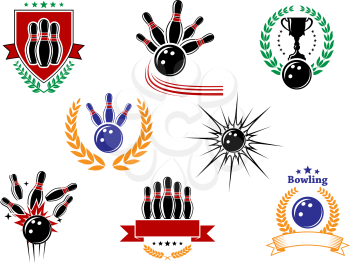 Set of colored emblems and bowling badges with ninepins, strike, bowling balls, trophy, wreath, shield and banners isolated on white