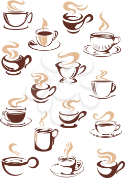 Set of vector sketch steaming hot cups of coffee or tea in brown and white with different shapes as design elements for a coffee house or restaurant