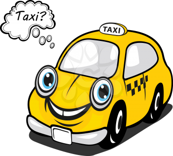 Cute yellow cartoon taxi character with a thought bubble and happy smiling face, vector illustration isolated on white
