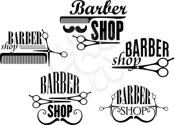 Black and white Barber Shop badges or signs with text decorated with moustaches, scissors and a comb. Vector illustration
