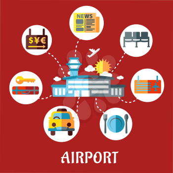 Airport and flight service flat concept for infographic design with airport, taxi, ticket, waiting, baggage, currency exchange and service icons
