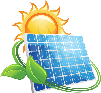 Solar panel icon with a golden hot sun above a photovoltaic panel encircled with fresh green leaves conceptual of renewable energy from natural resources,vector illustration on white