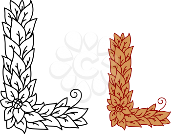 Leaf design uppercase letter L with a single flower for eco, bio or organic concepts in a black and white outline and brown variant, vector illustration on white