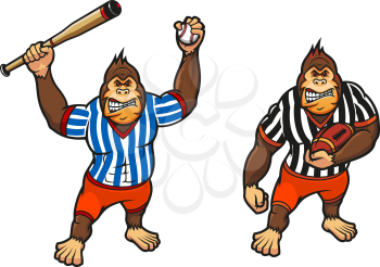 Cartoon gorilla playing baseball and rugby wielding a baseball bat and carrying a football, vector illustration on white