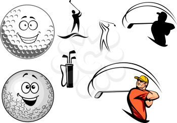 Set of golfing icons with various golfers swinging at the ball, a bag of clubs and two happy smiling golf balls, cartoon vector illustration on white