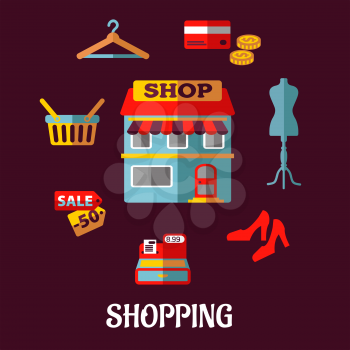Flat shopping design elements with a central store front surrounded by a till, sale price, basket, hanger, credit card, cash, mannequin and shoes, vector illustration