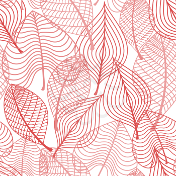 Autumnal stylized leaf seamless pattern with overlapping line drawn leaves in red in square format