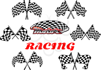 Heraldic vector black and white checkered racing flags showing crossed flags waving in the wind