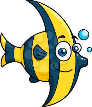Smiling cartoon striped tropical fish with blue and yellow stripes swimming underwater with bubbles, vector illustration isolated on white