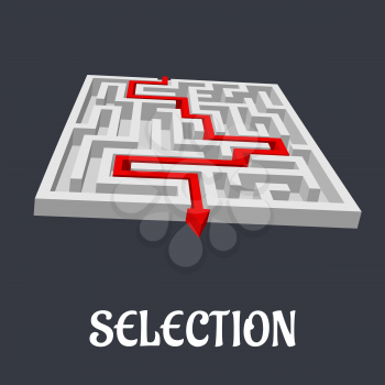 Labyrinth or maze with the word Selection below and a red arrow marking the route to exit the puzzle in a conceptual vector image