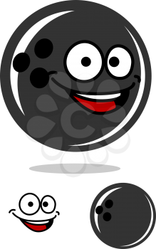 Cartoon bowling ball character with a happy smile hovering over a shadow with a second plain variation and smile element, isolated on white