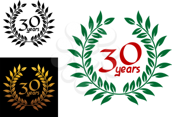 30 years anniversary laurel wreaths with the text inside a circular foliate wreath in three color variations, vector illustration