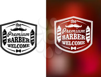 Vintage barber shop welcome banner design on white and red blurred background