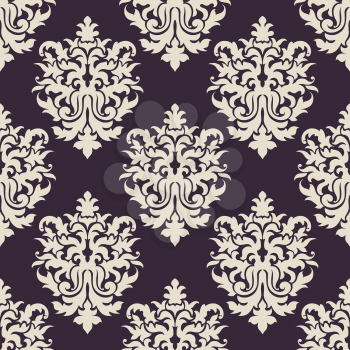 Damask floral seamless pattern with beige flowers on purple background for textile or wallpaper design