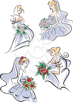 Bride in blue dress and gown holding bouquet of flowers. Vector sketches for wedding and marriage design