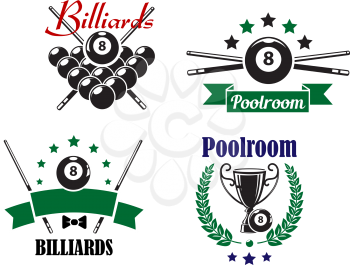 Billiards or Poolroom game badges or emblems with bal, crossed cues, ribbons, banners, wreath and trophy cup, vector illustration on white