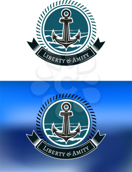Nautical badges with ships anchors in circular rope frames with a ribbon banner and text  Liberty and Amity  below, one on white, the other on blue background