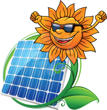 Happy hip sun in sunglasses above a blue photovoltaic panel encircled by green leaves, vector illustration