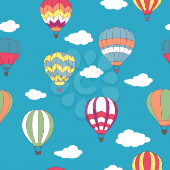 Colored hot air balloons seamless pattern on light blue sky background with white clouds for travel design
