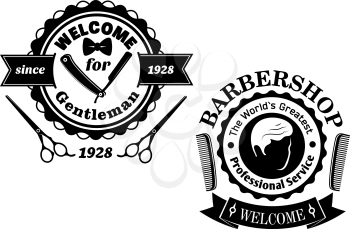 Vintage barber shop badges isolated on white with scissors, razor and comb