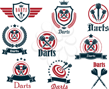 Darts sporting icons and emblems with arrows, target, ribbons, wreaths and decorations